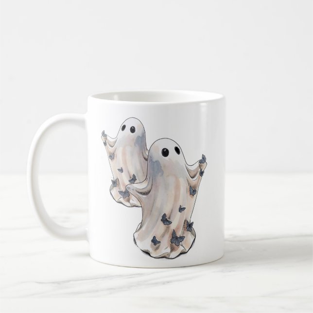 Spöke med små fjärilar Halloween  Kaffemugg (Vänster)