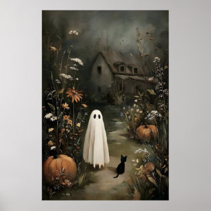 Spöke med svart katt på natten – Hemsökt hus Poster