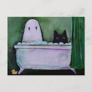 Spöke och katt i badkar Rolig Whimsical konst Vykort