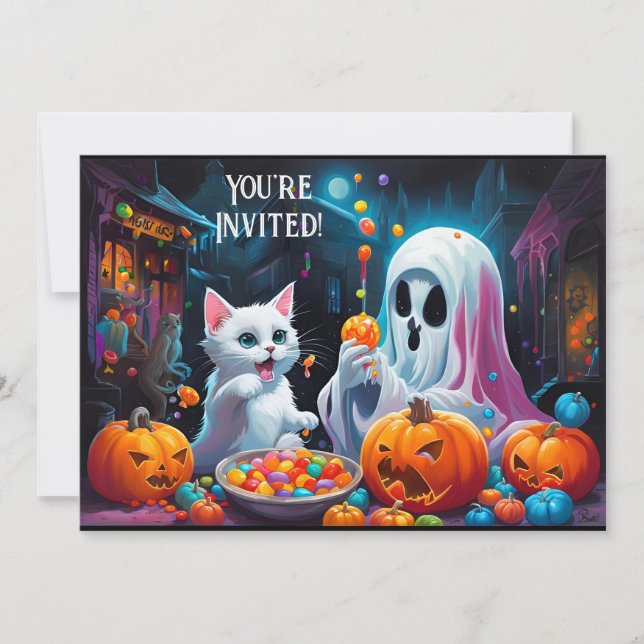 Spöke och kattunge Halloween-fest inbjudan (Framsida)
