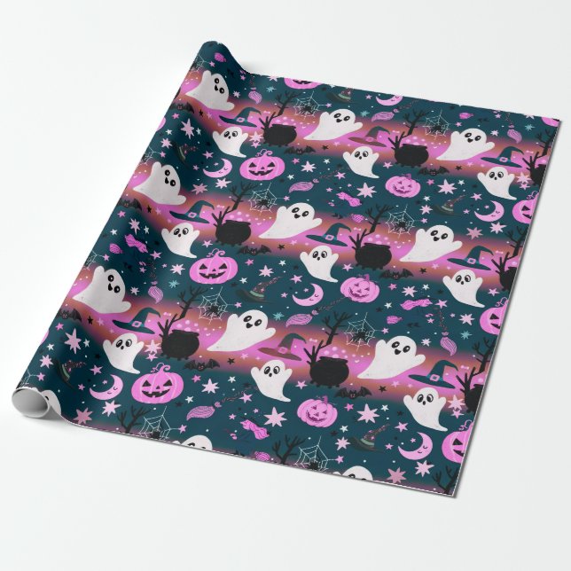 Spöke och pumpa rosa och blå mönster presentpapper (Utrullad)