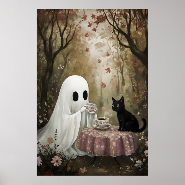 Spöke Och Svart Katt Dricker Te På Hösten Poster (Framsidan)
