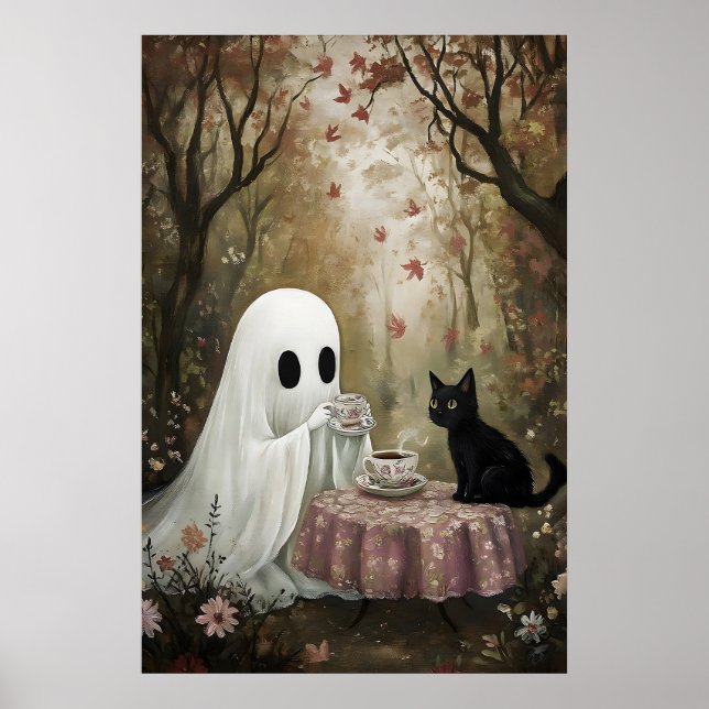Spöke och svart katt dricker te på hösten poster (Framsidan)