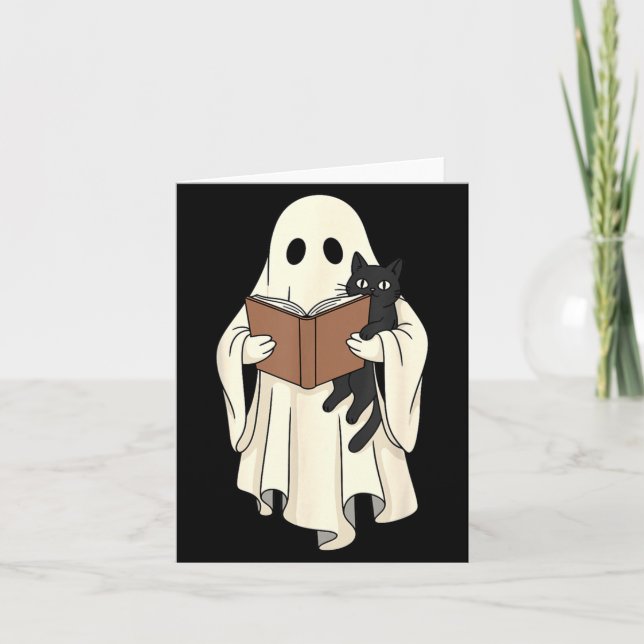 Spöke och svart katt läser Halloween Kort (Framsida)