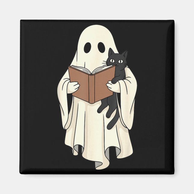 Spöke och svart katt läser Halloween Magnet (Framsidan)