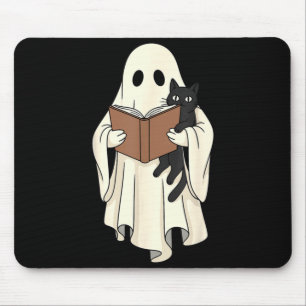 Spöke och svart katt läser Halloween Musmatta