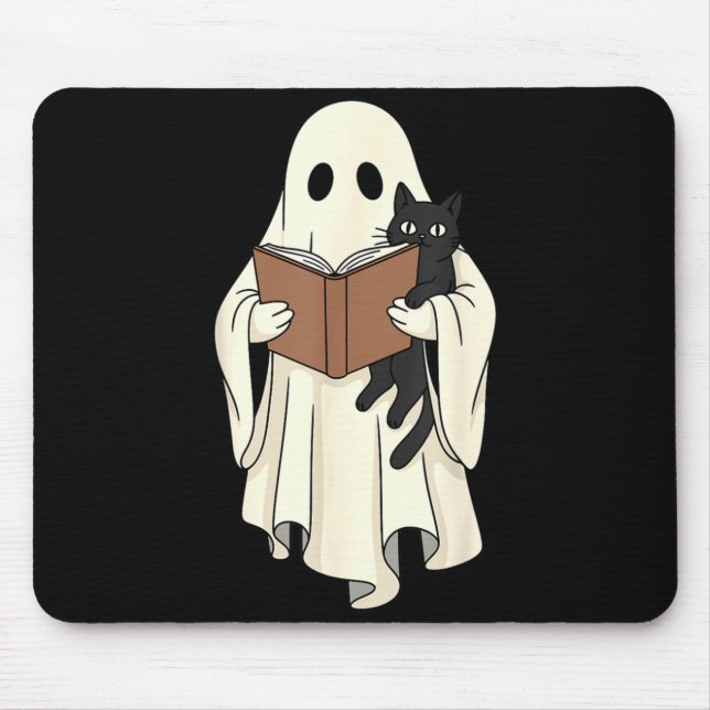 Spöke och svart katt läser Halloween Musmatta (Framsidan)