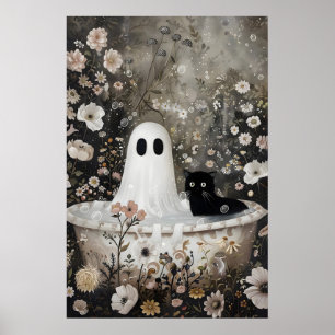 Spöke och svart katt tar ett badkaret utskrift, mö poster