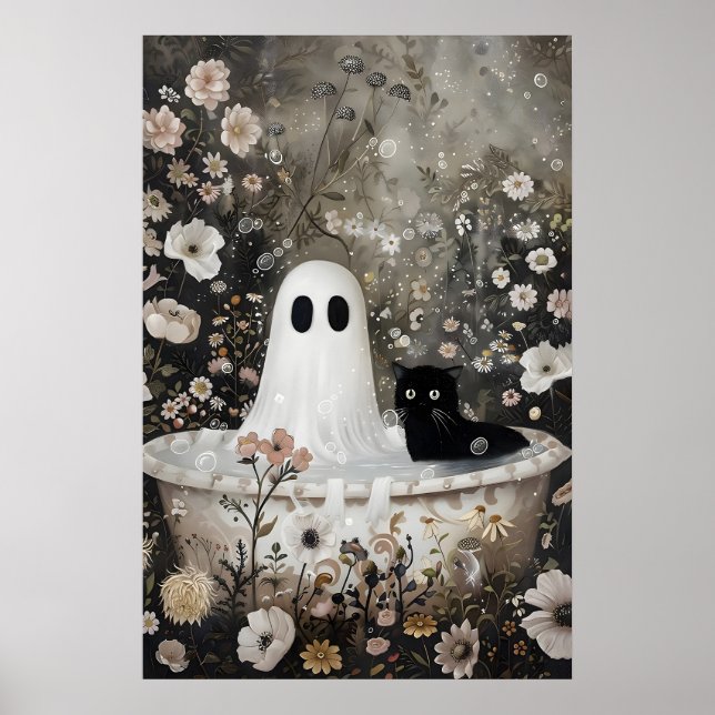 Spöke och svart katt tar ett badkaret utskrift, mö poster (Framsidan)