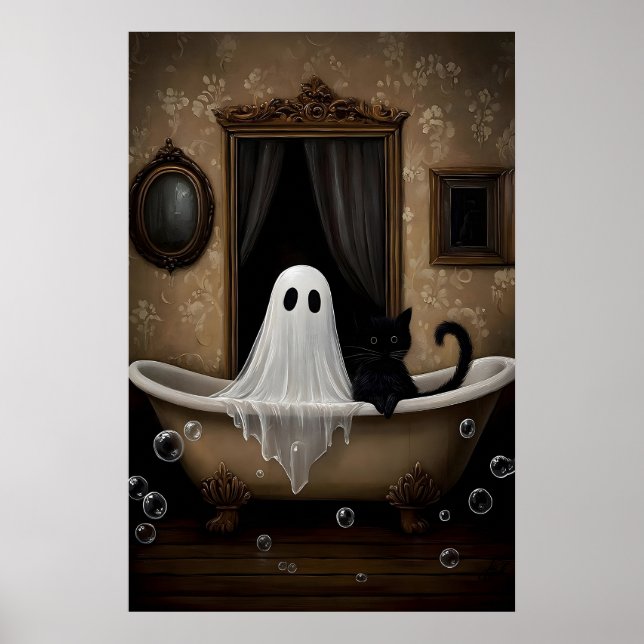 Spöke och svart katt tar ett badkaret utskrift, mö poster (Framsidan)