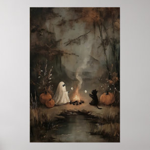 Spöke och svart katt vid lägereld med marshmallows poster