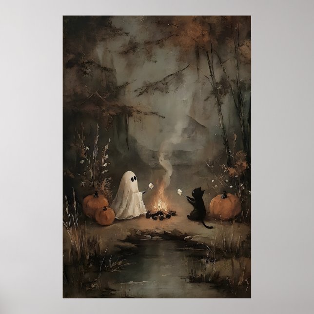 Spöke och svart katt vid lägereld med marshmallows poster (Framsidan)