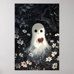 Spöke som håller hjärta i blommig skogsutskrift poster