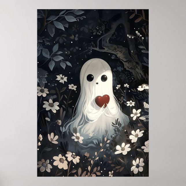Spöke som håller hjärta i blommig skogsutskrift poster (Framsidan)