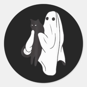 Spöke som håller svart katt Halloween kattälskare Runt Klistermärke