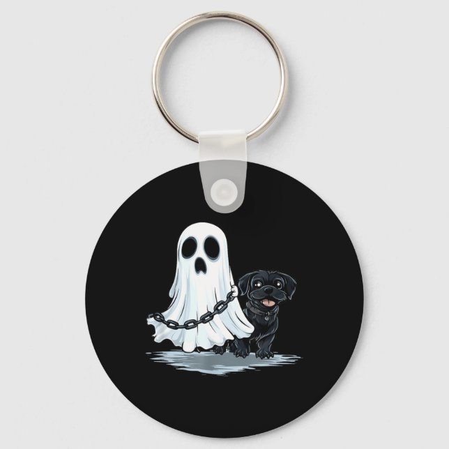 Spöke som håller valp Rollig Halloween-kostym Nyckelring (Framsida)