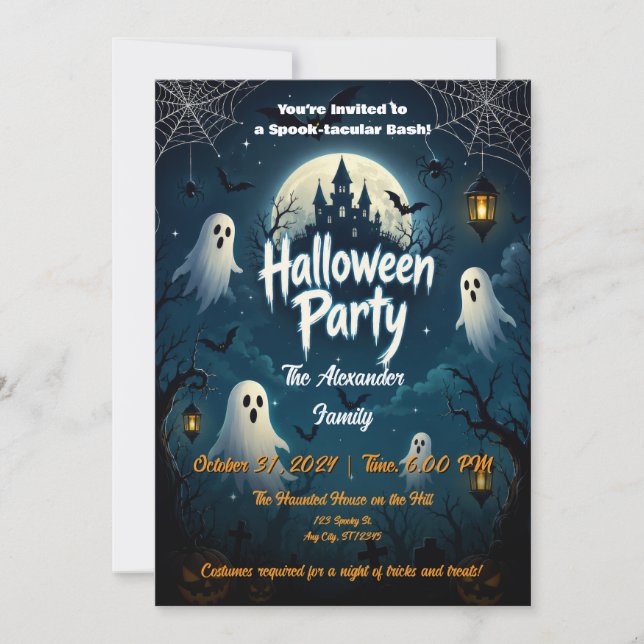 Spöken Blå Natt Halloween-fest Invitation Inbjudningar (Framsida)