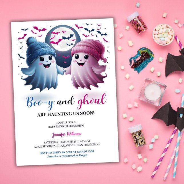 Spöken Boo-y och Ghoul Halloween Twillingar Baby S Inbjudningar (Cute Ghosts Boo-y and Ghoul Halloween Twins Baby Shower Invitation | Boy and Girl Baby Shower)
