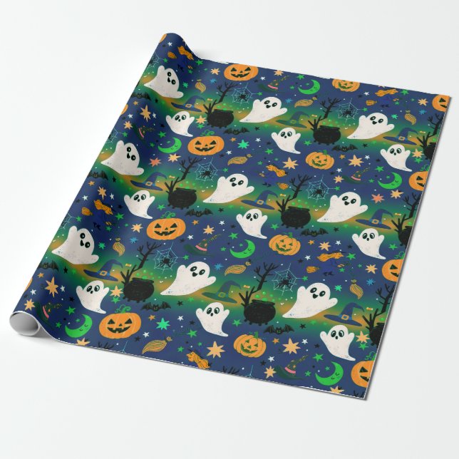 Spöken och pumpor, blå med grönt mönster presentpapper (Utrullad)