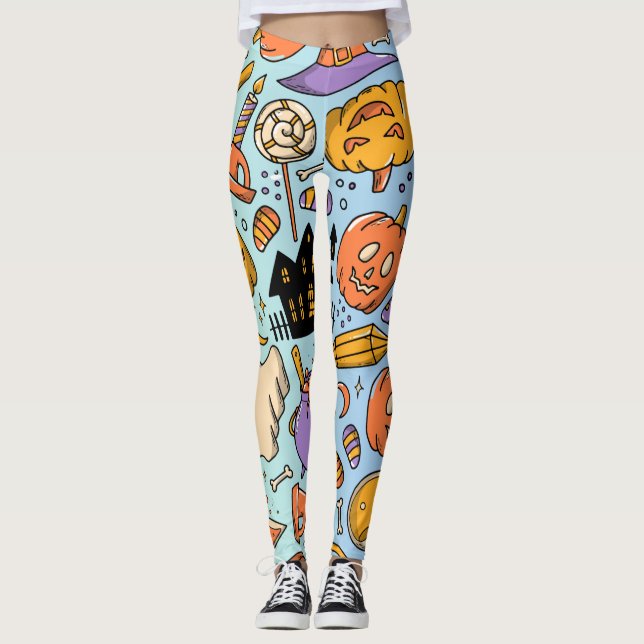 Spöken, pumpor, katter & läskig sömlös design leggings (Framsida)