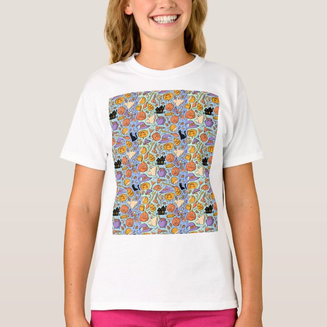 Spöken, pumpor, katter & läskig sömlös design t shirt (Framsida)