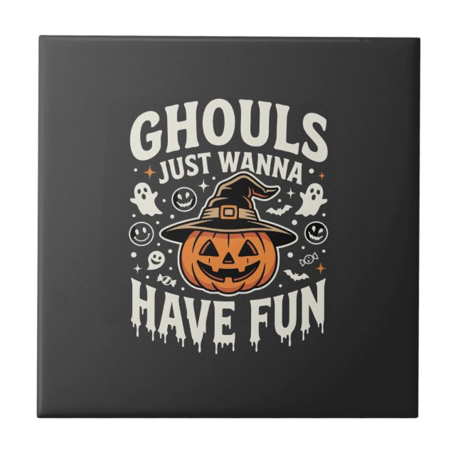 Spöken Vill Bara Ha Kul Halloween Pumpa Kakelplatta (Framsidan)