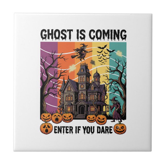 Spöket Kommer Halloween Spökhus Häxa Pumpa Kakelplatta (Framsidan)
