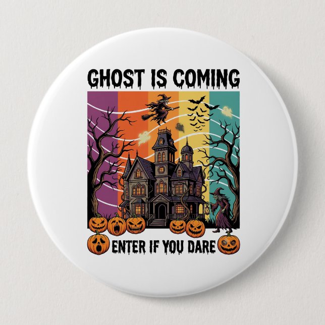Spöket Kommer Halloween Spökhus Häxa Pumpa Knapp (Framsida)