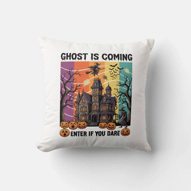 Spöket Kommer Halloween Spökhus Häxa Pumpa Kudde (Framsida)