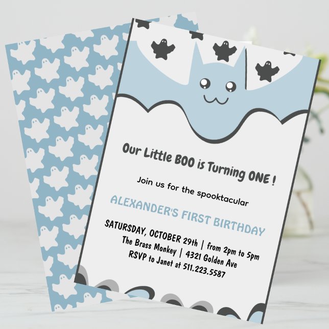 Spökflygande fladdermus Lilla boo Halloween 1-års  Inbjudningar (Halloween-1st-Birthday-Invitation-Ghost-Flying-bat-Little-boo-blue-1)