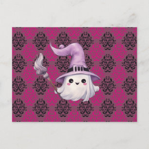 Spökhäxans hatt kvast rosa lila Halloween Helg Vykort