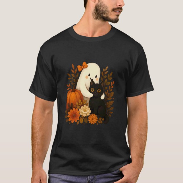 Spökhugger katt omgiven av halloweenpumpor t shirt (Framsida)
