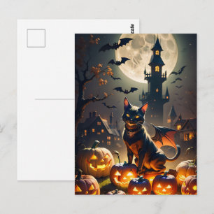 Spökhus, fullmåne, svart katt Halloween Vykort