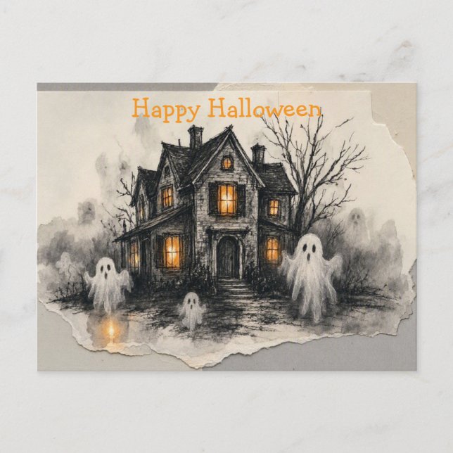“Spökhus Halloween-konst med spöklik glöd” Vykort (Framsida)