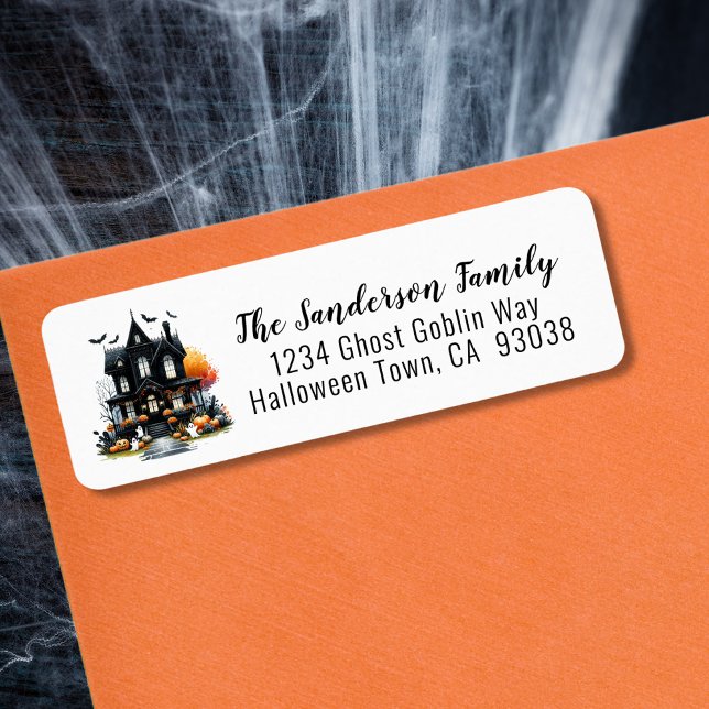 Spökhus Halloween Returadress Etikett (Haunted House Halloween Party Label)