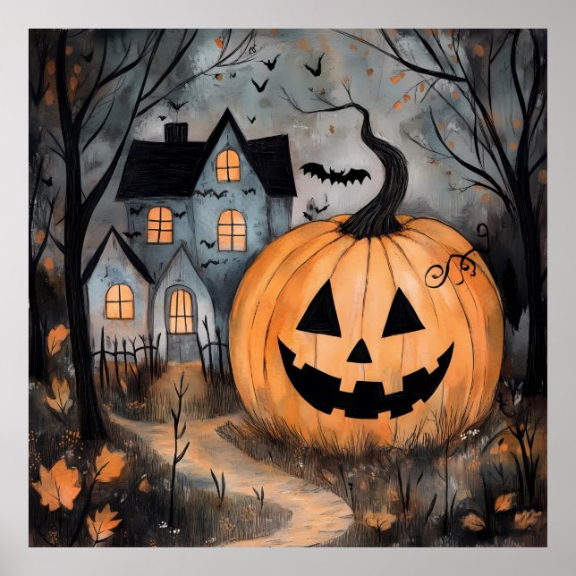 Spökhus och stor pumpa Halloween Poster (Framsidan)