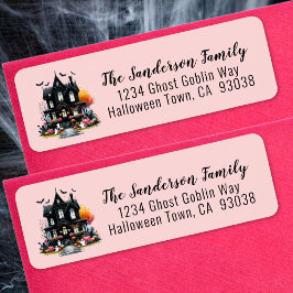 Spökhus Rosa Halloween Returadress Etikett