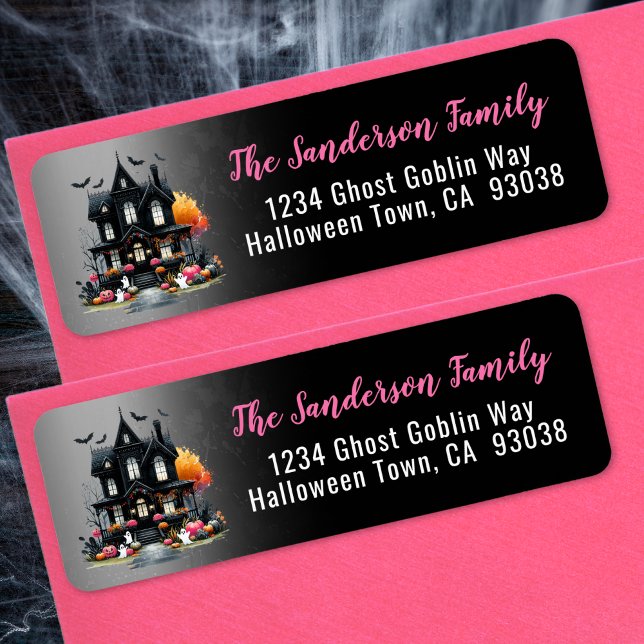 Spökhus Rosa Halloween Returadress Etikett (Haunted House Pink Halloween Return Address label)