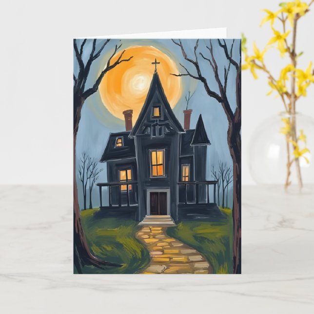 Spökhus | Skräckfyllda Halloween  Kort (Gul blomma)