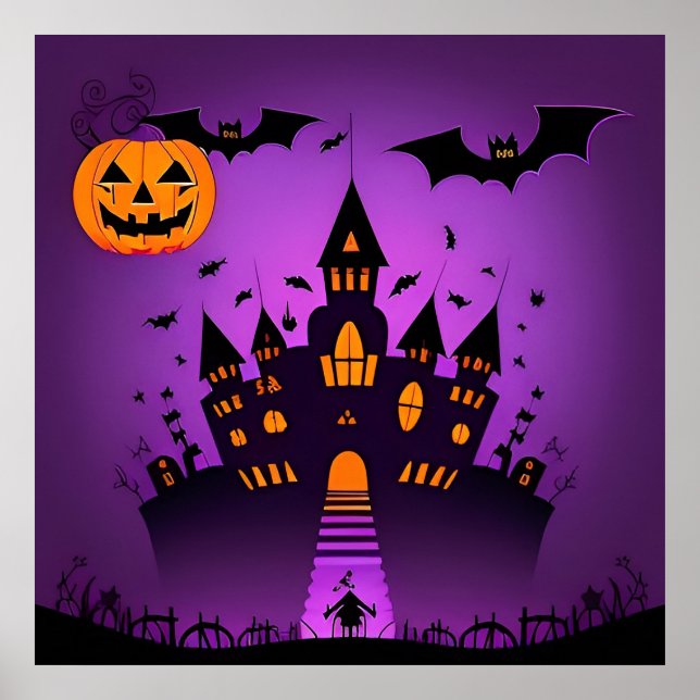 Spökiga Slottet Pumpa Fladdermöss Halloween Poster (Framsidan)