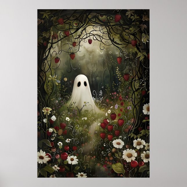 Spökjordgubbe ängstryck, Whimsical Halloween Poster (Framsidan)