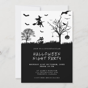 Spöklik häxa svart och vit Halloweenfest Inbjudningar