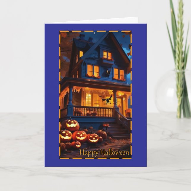 Spöklik stuga med pumpor Halloween-kort Helgkort (Framsida)