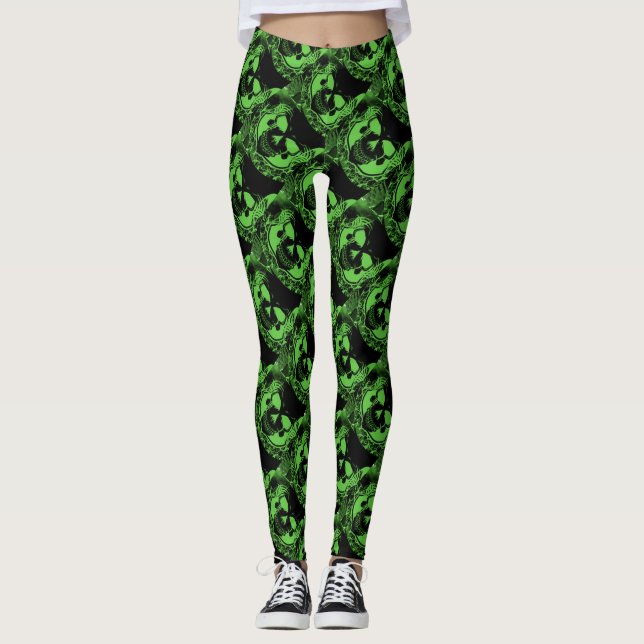 Spöklik svart neongröntdöskallar Halloween Leggings (Framsida)