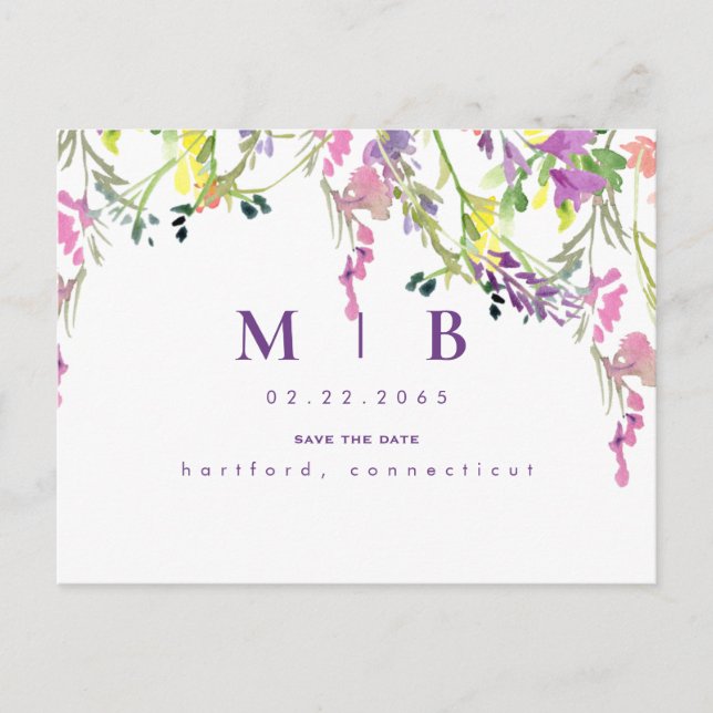 Spöklika vilda blommor Monogram Spara datum Vykort (Framsida)
