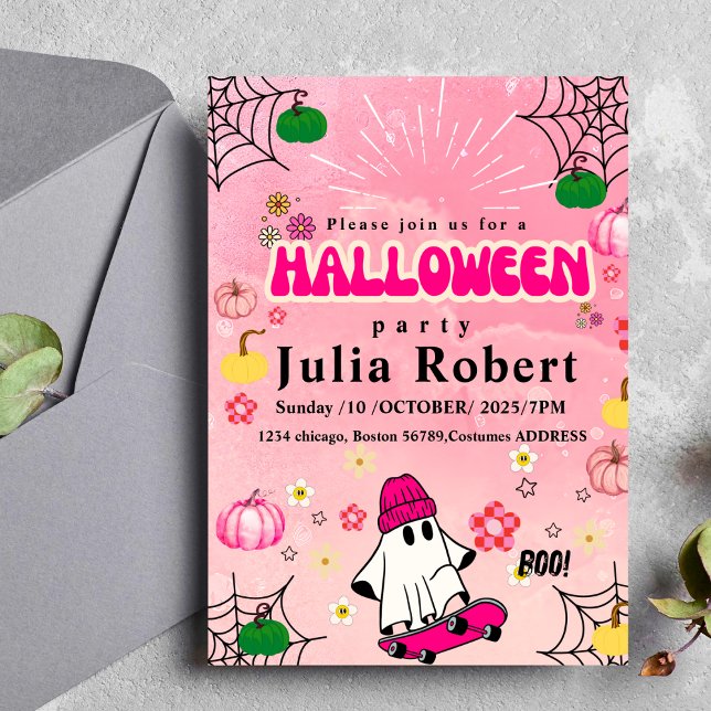 spökskateboard Halloween pumpkin rosa Inbjudningar (Skapare uppladdad)