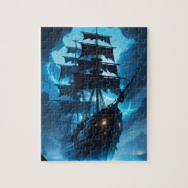 spökskepp, piratskepp, dimma, segelbåt pussel (Vertikal)