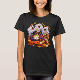Spökskrik, katt sover, hund täcker öron Halloween T Shirt