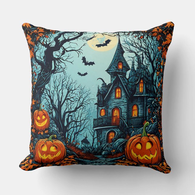 Spökslott Illustration med Jack-O-Lanterns Kudde (Framsida)