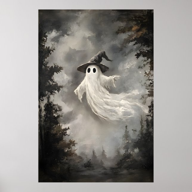 Spöktryck i höstskog, spökwhimsy mörk poster (Framsidan)